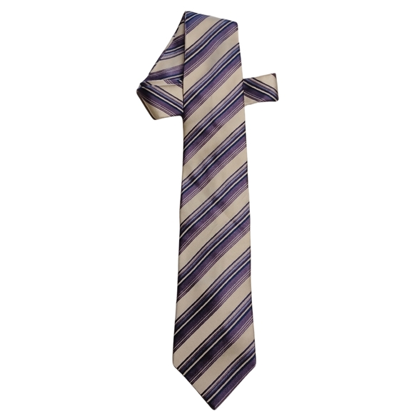 GEOFFREY BEENE 100% Silk Off White Purple Light Purple Diagonal Stripe Print Tie - Picture 2 of 6